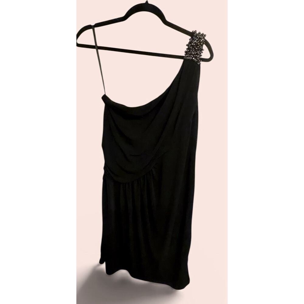 Black One Shoulder Beaded Mini Dress Sleeveless US 14 Polyester Blend